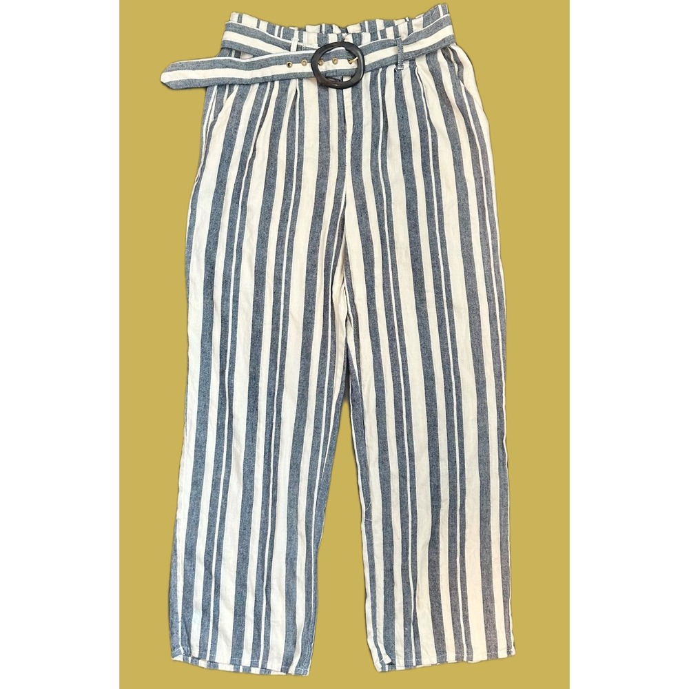 Romeo + Juliet Couture Blue CreamStripe Linen Blend Wide Leg Belted Pants Medium